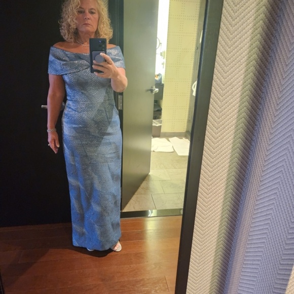 Teri Jon Blue Patterned Off-Shoulder Maxi Dress - Picture 3 of 3